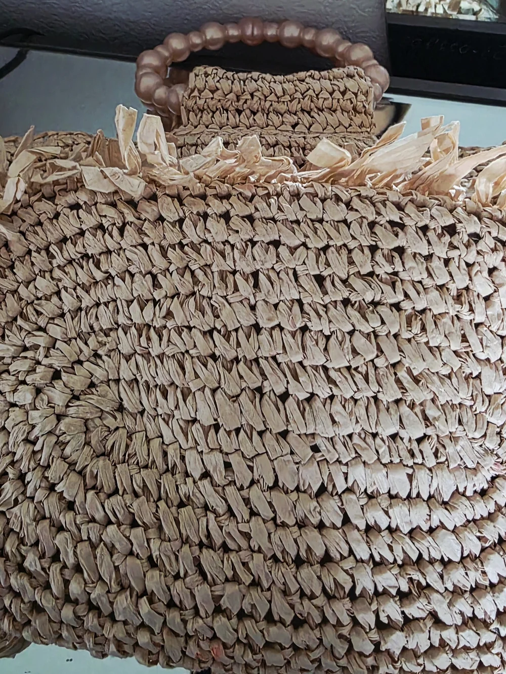btb Los Angeles Raffia Tote with Pearl Bead Handles - Picture 2 of 4
